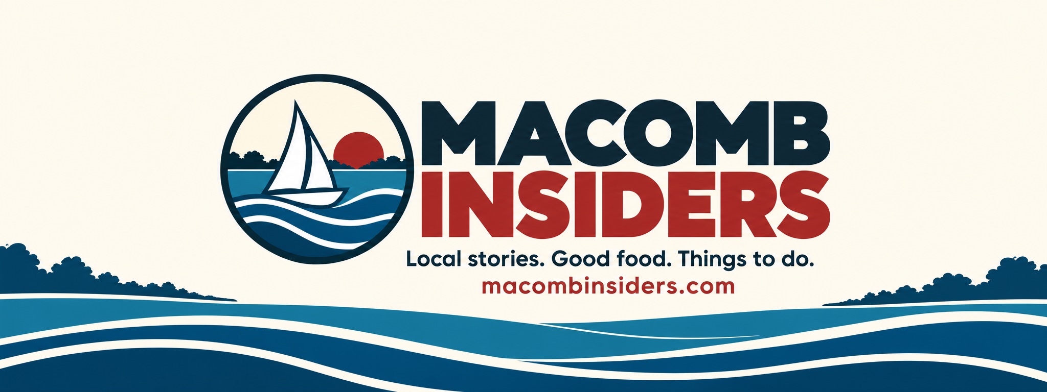Macomb Insiders Facebook cover with sailboat emblem, lake waves and website address